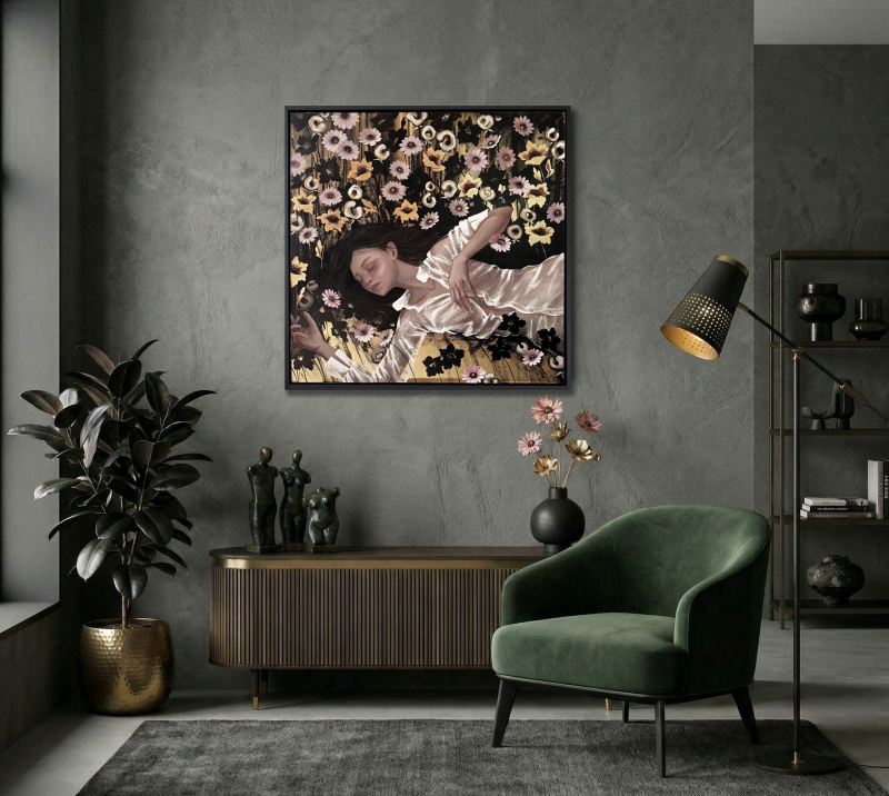 "Летний сон-она" 100х100 - Холст, акрил, золотая поталь.